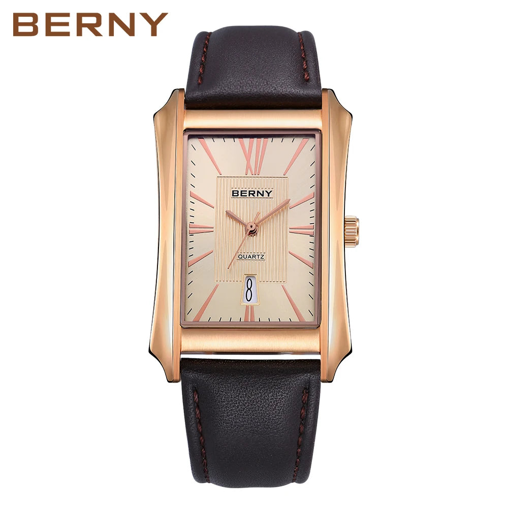 Luvrex® – Rectoné 301 | Men's Rectangle Quartz Watch with Genuine Leather Strap – 30M Waterproof Business Elegance