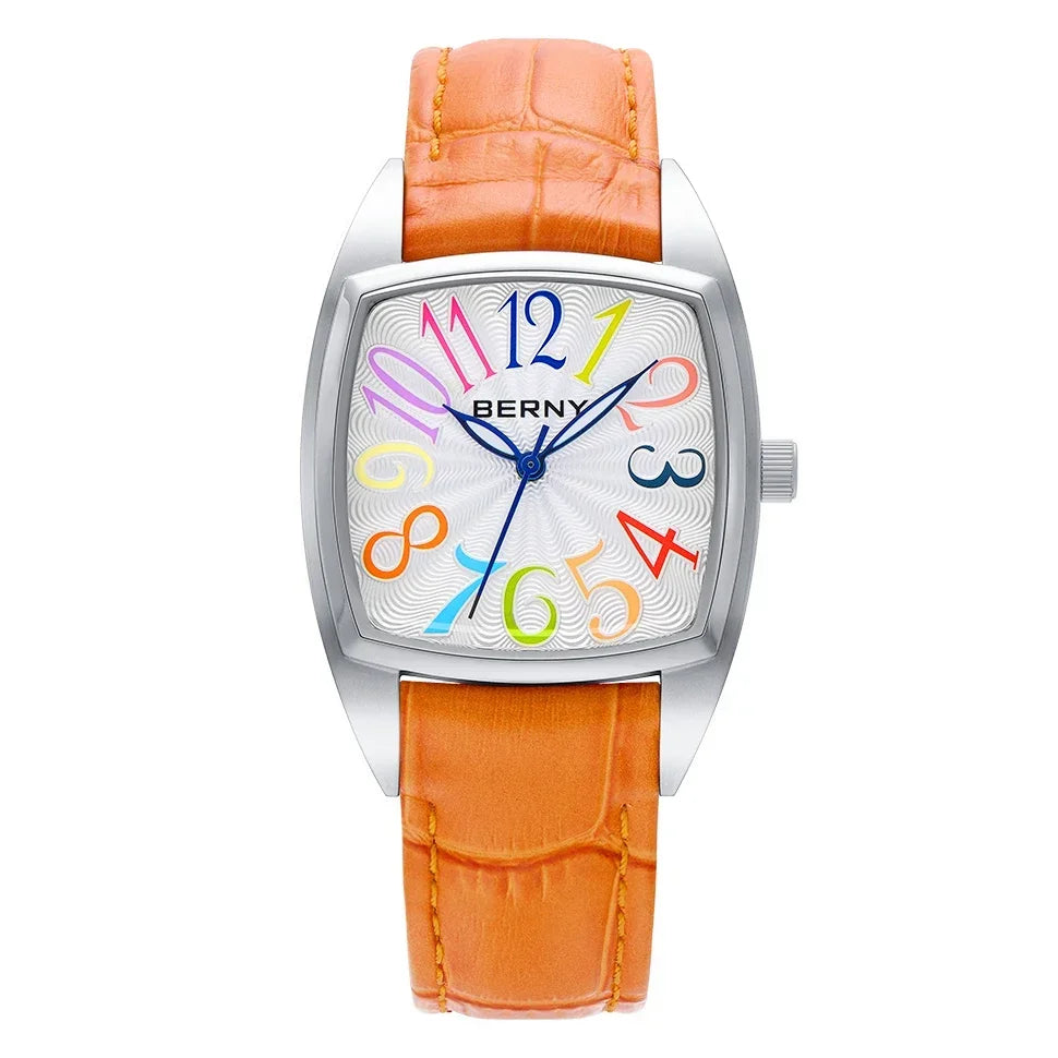 Lunivera® – Colorful Numeral Square Quartz Watch for Women | Easy Read Dial, Leather Strap, Casual Elegant Style