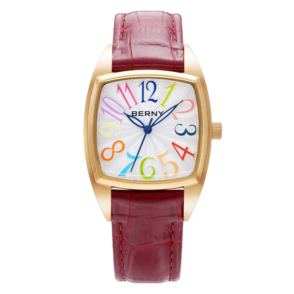 Lunivera® – Colorful Numeral Square Quartz Watch for Women | Easy Read Dial, Leather Strap, Casual Elegant Style