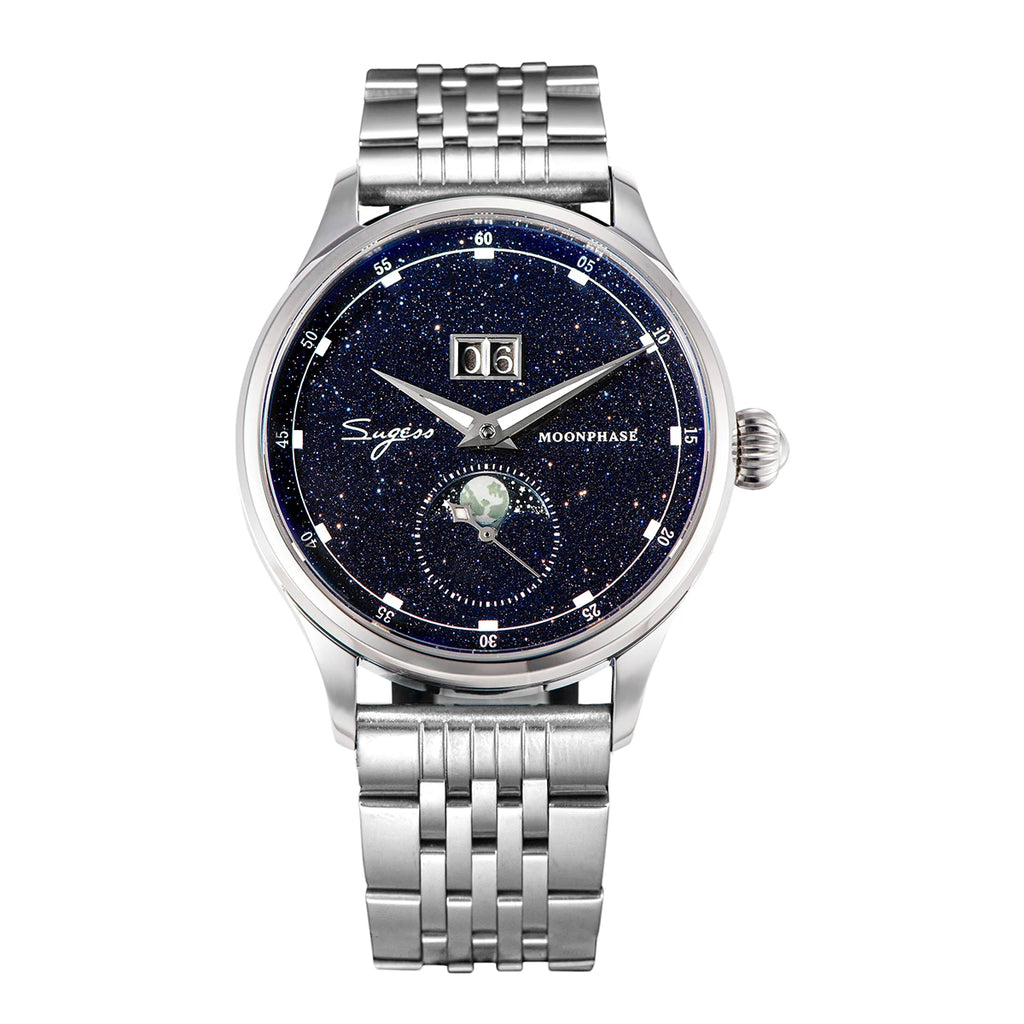 Noverra® – Lunastra 40 | Automatic Moonphase Watch with Blue Sandstone Dial & Stainless Steel Case