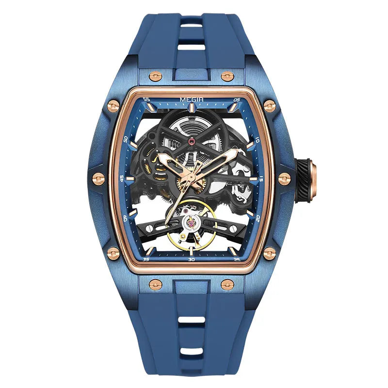 Skynovar® – Blue Skeleton Automatic Watch for Men | Stainless Steel Case, Silicone Strap, Sport Waterproof Design
