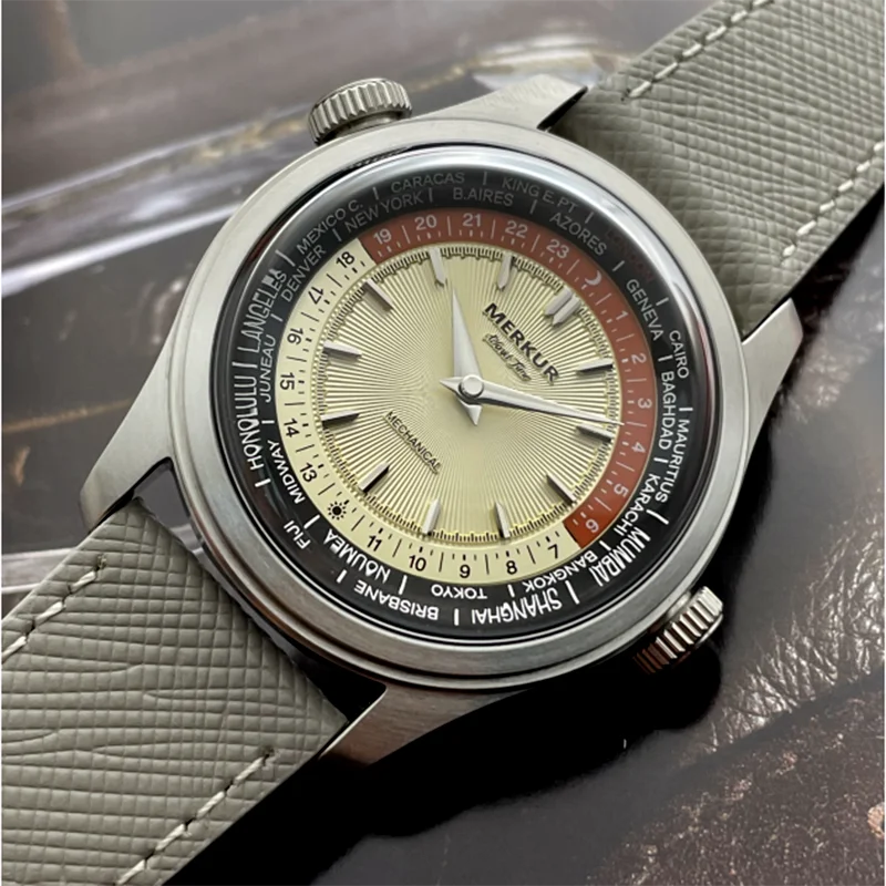 Globerin® – Retro World Time Mechanical Watch for Men | 38MM, Leather Strap, Waterproof, Classic Travel Design