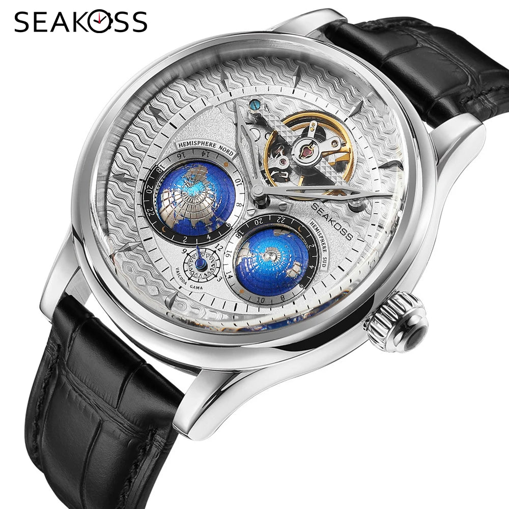 Stravion® – TerraSpin 1963 | Double Globe Mechanical Watch with Flywheel Tourbillon & Military Vintage Design