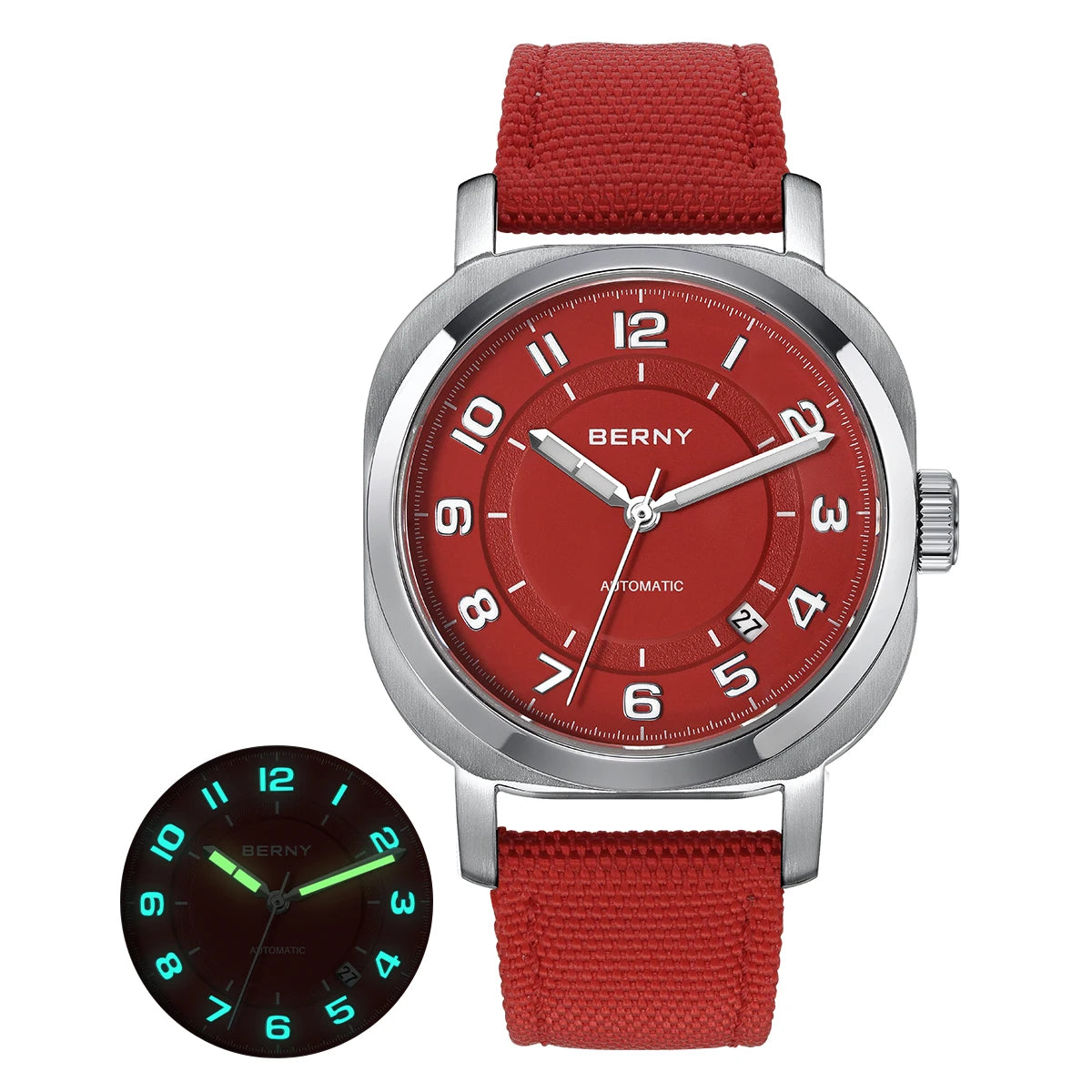 Cavonar® – Men's Cushion Mechanical Watch | 38mm, Sapphire Crystal, Super Luminous Hands, Canvas Strap, Calendar