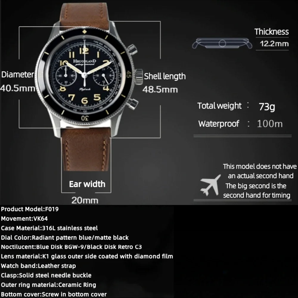 NightValor® – Men's VK64 Quartz Chronograph | 40mm, Luminous Dial, 100m Waterproof, Leather Strap, Stainless Steel