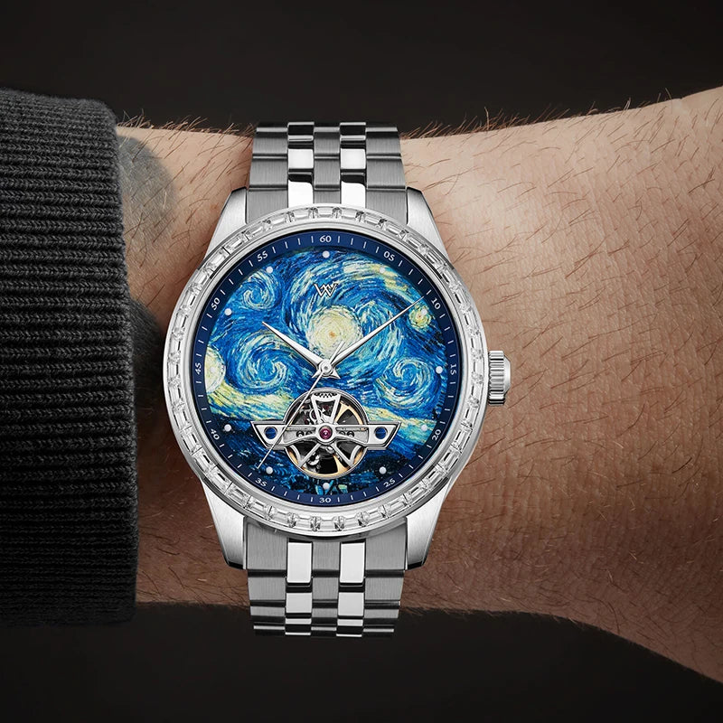 Marceaux® – NuitDétail WM146 | Artistic Skeleton Mechanical Watch with Oil-Painting Dial & Subtle Night Elegance