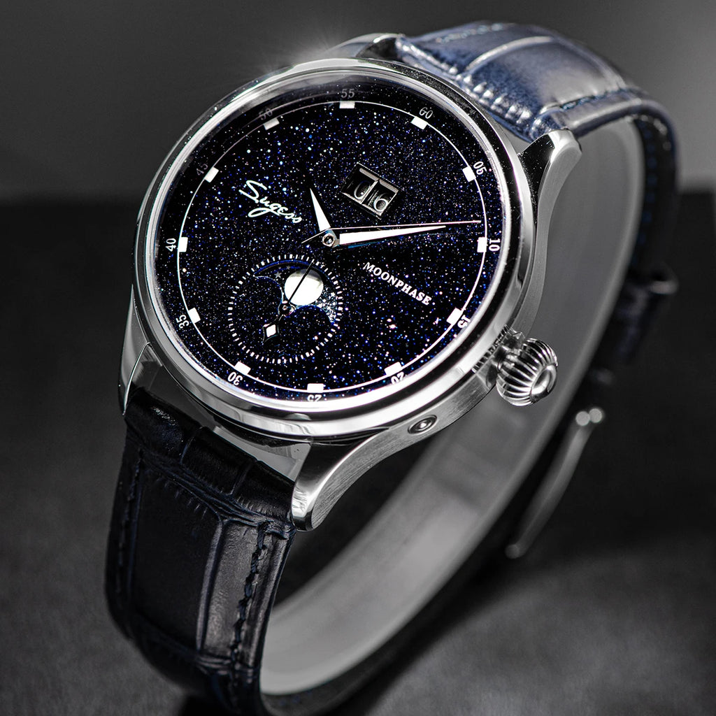 Noverra® – Lunastra 40 | Automatic Moonphase Watch with Blue Sandstone Dial & Stainless Steel Case