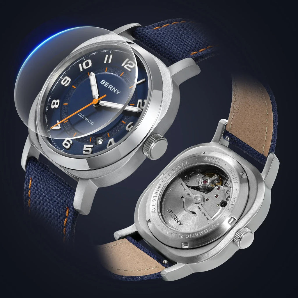 Cavonar® – Men's Cushion Mechanical Watch | 38mm, Sapphire Crystal, Super Luminous Hands, Canvas Strap, Calendar