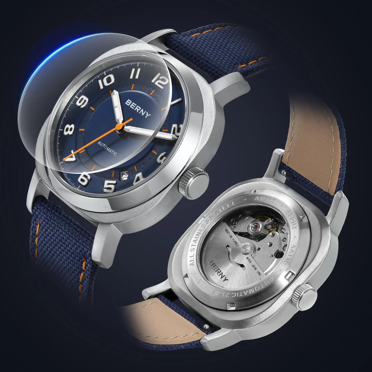 Cavonar® – Men's Cushion Mechanical Watch | 38mm, Sapphire Crystal, Super Luminous Hands, Canvas Strap, Calendar
