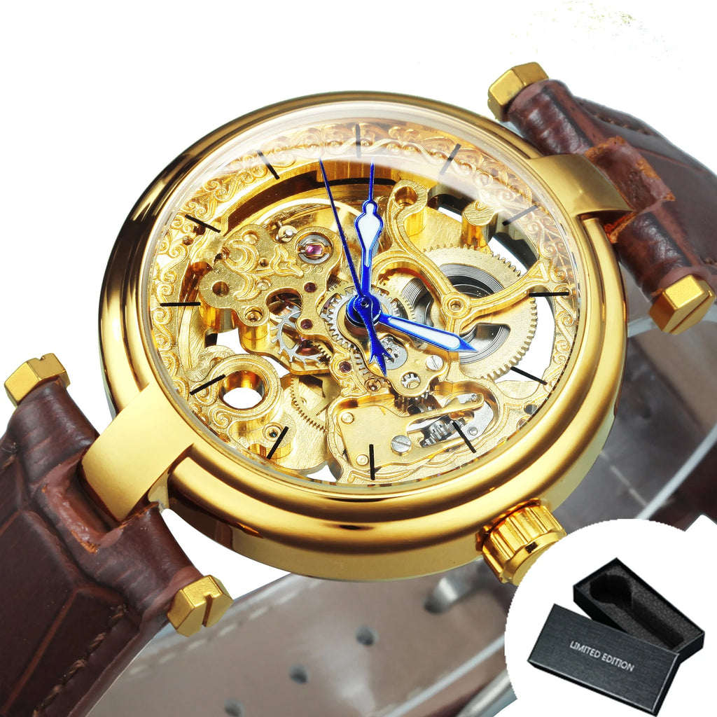 Valverra® – Luxury Skeleton Automatic Watch for Women | Gold Dial, Luminous Hands, Mechanical Movement, Leather Strap