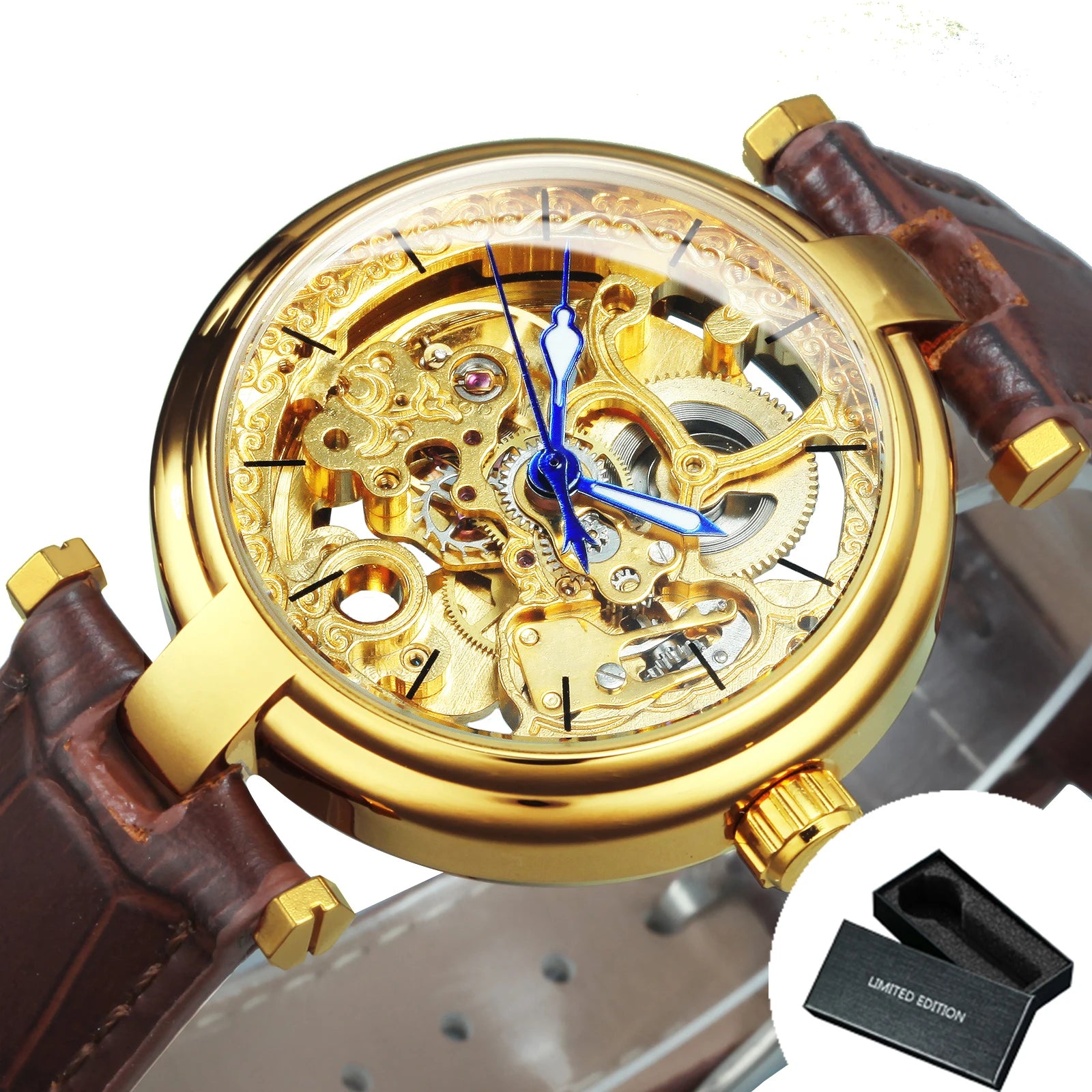 Valverra® – Luxury Skeleton Automatic Watch for Women | Gold Dial, Luminous Hands, Mechanical Movement, Leather Strap