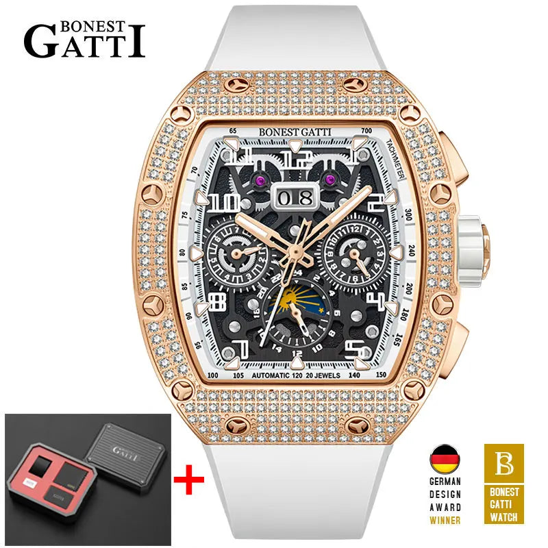 BoneCraft® 2025 – Automatic Mechanical Men’s Watch with Diamond Bezel, Rubber Strap & Sapphire Glass  Tiếng Việt: