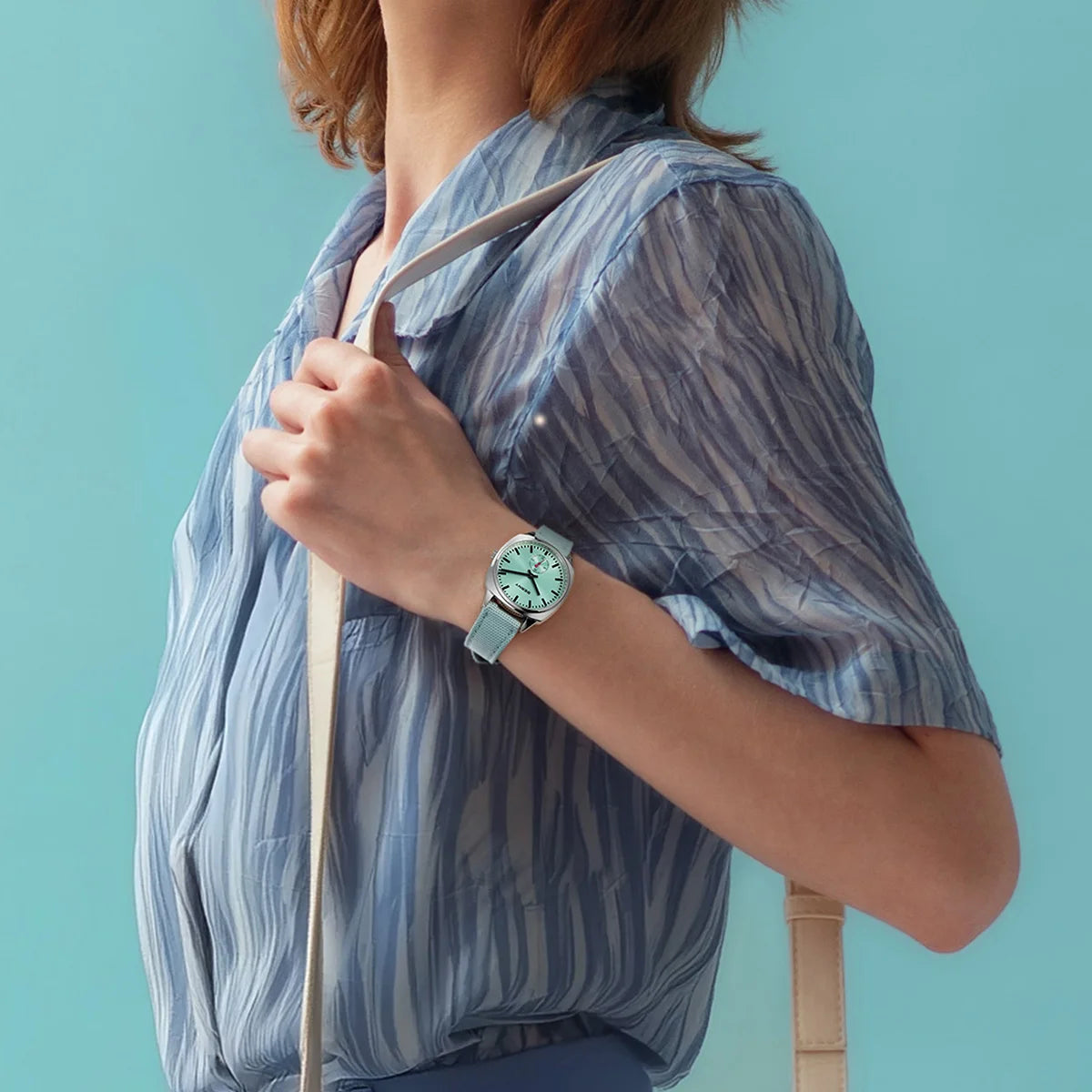 Isalora® – Ice Blue Pillow Quartz Watch for Women | Canvas Strap, Casual Railway Style, Versatile Daily Wear