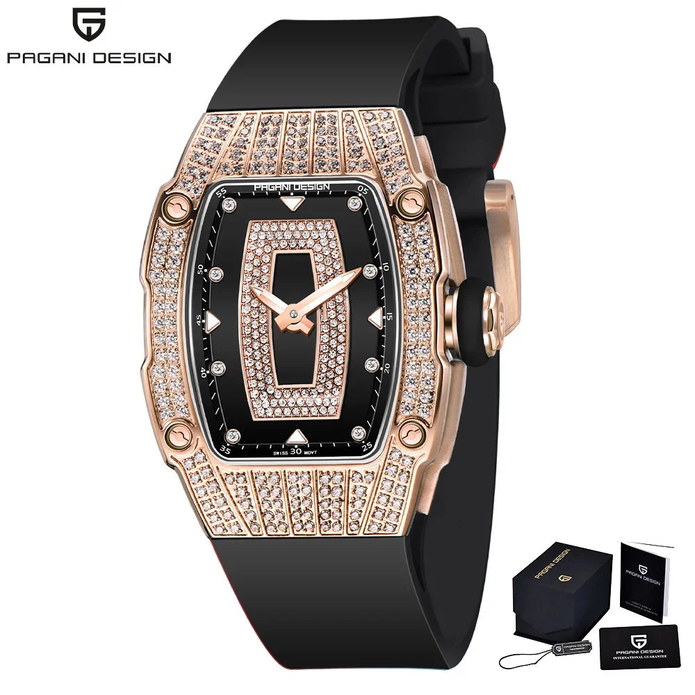 Velmira® – Glacine 26 | Swiss Ronda Tonneau Quartz Watch for Women with Diamond-Studded Bezel – Feminine & Elegant Design
