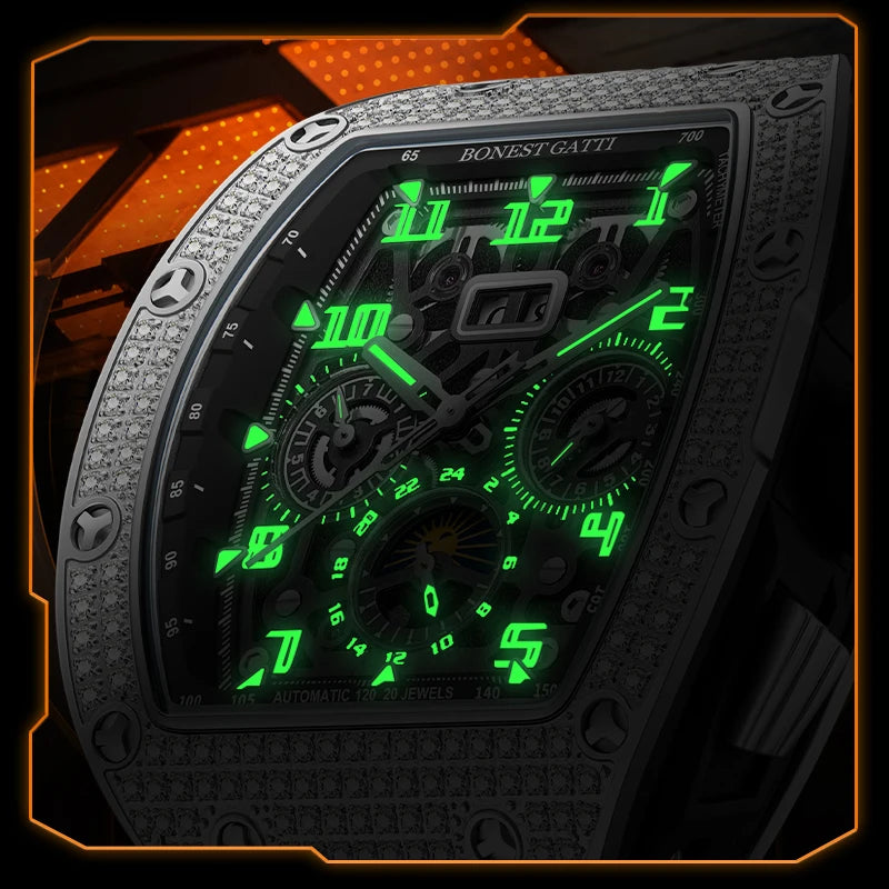 BoneCraft® 2025 – Automatic Mechanical Men’s Watch with Diamond Bezel, Rubber Strap & Sapphire Glass  Tiếng Việt:
