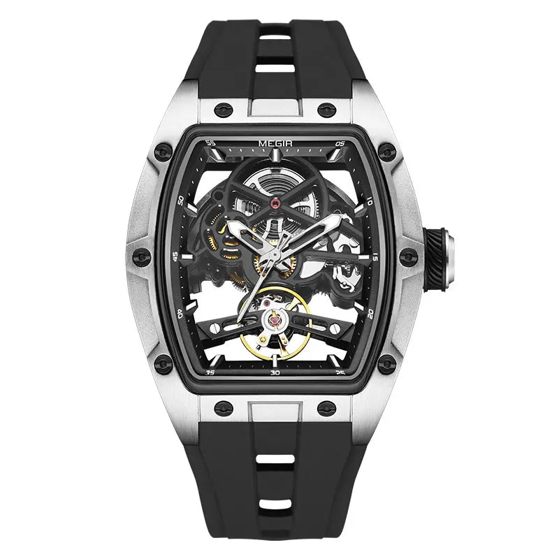 Skynovar® – Blue Skeleton Automatic Watch for Men | Stainless Steel Case, Silicone Strap, Sport Waterproof Design