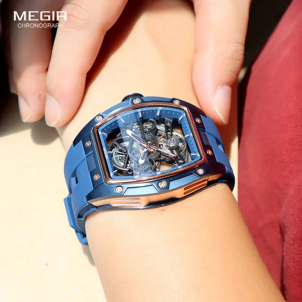 Skynovar® – Blue Skeleton Automatic Watch for Men | Stainless Steel Case, Silicone Strap, Sport Waterproof Design
