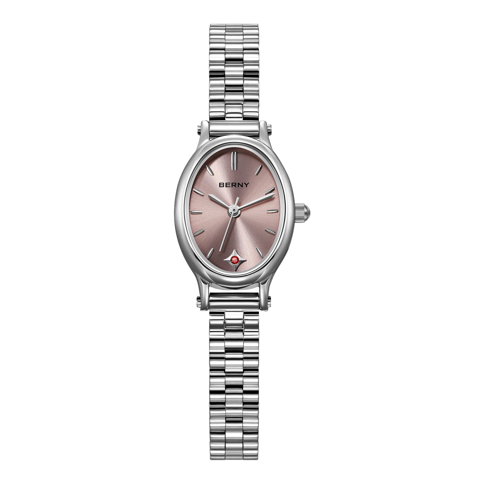 Elluryn® – Oval Minimalist Jewelry Watch Set for Women | Ruby Detail, Silver Quartz Bracelet Style, Elegant Gift Design