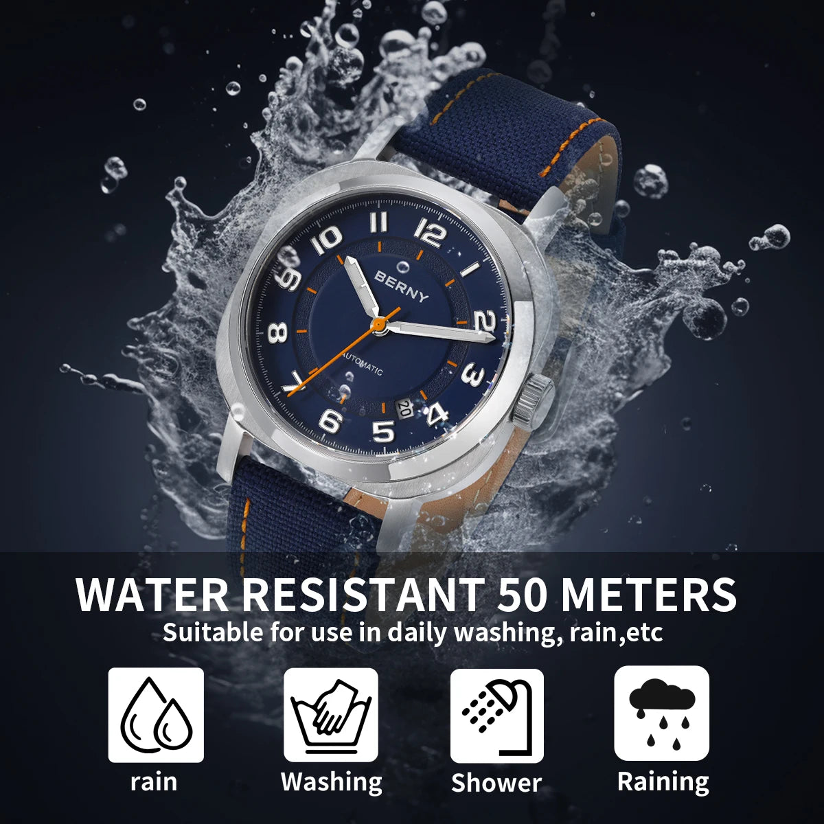 Cavonar® – Men's Cushion Mechanical Watch | 38mm, Sapphire Crystal, Super Luminous Hands, Canvas Strap, Calendar