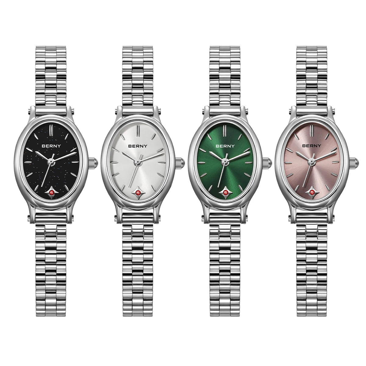 Elluryn® – Oval Minimalist Jewelry Watch Set for Women | Ruby Detail, Silver Quartz Bracelet Style, Elegant Gift Design