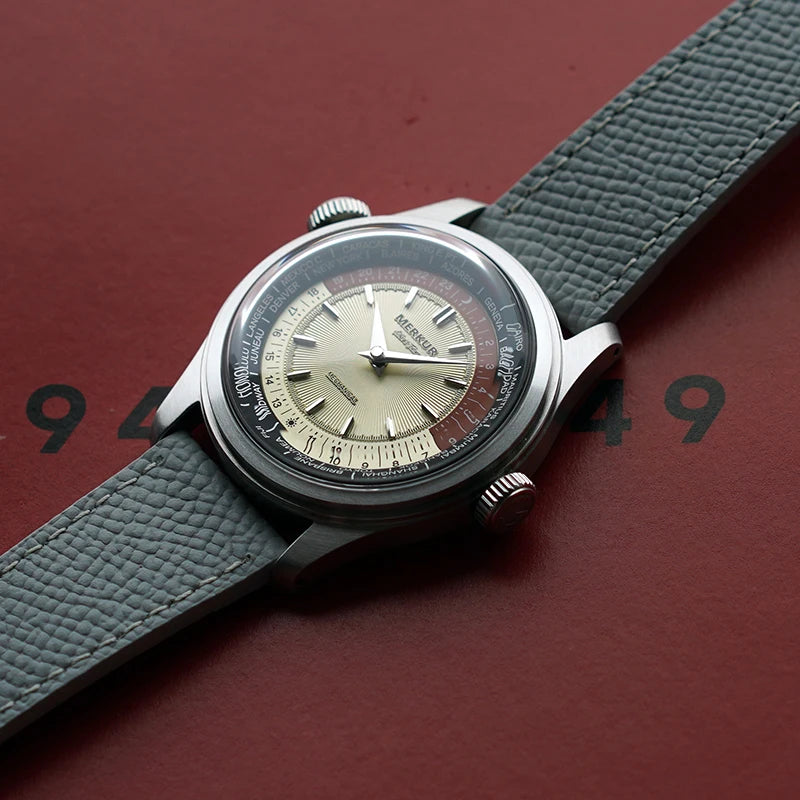 Globerin® – Retro World Time Mechanical Watch for Men | 38MM, Leather Strap, Waterproof, Classic Travel Design