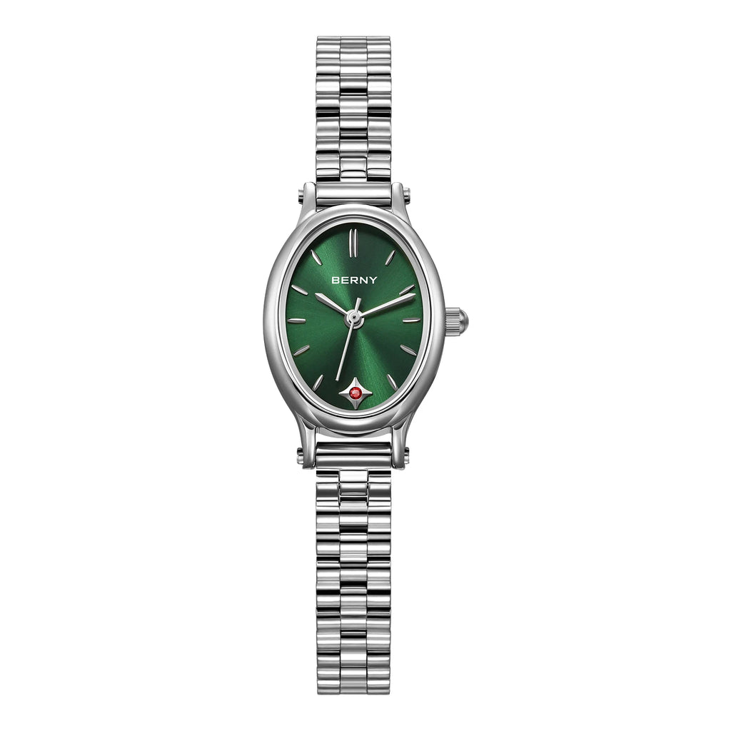 Elluryn® – Oval Minimalist Jewelry Watch Set for Women | Ruby Detail, Silver Quartz Bracelet Style, Elegant Gift Design
