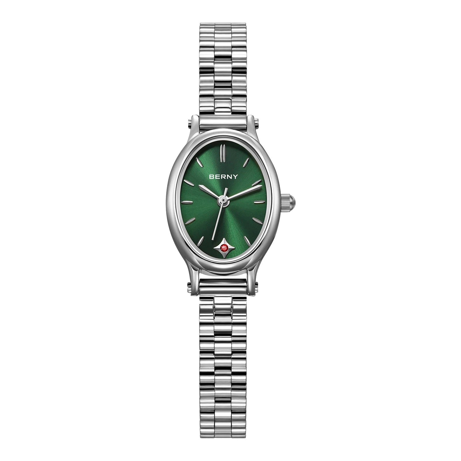 Elluryn® – Oval Minimalist Jewelry Watch Set for Women | Ruby Detail, Silver Quartz Bracelet Style, Elegant Gift Design