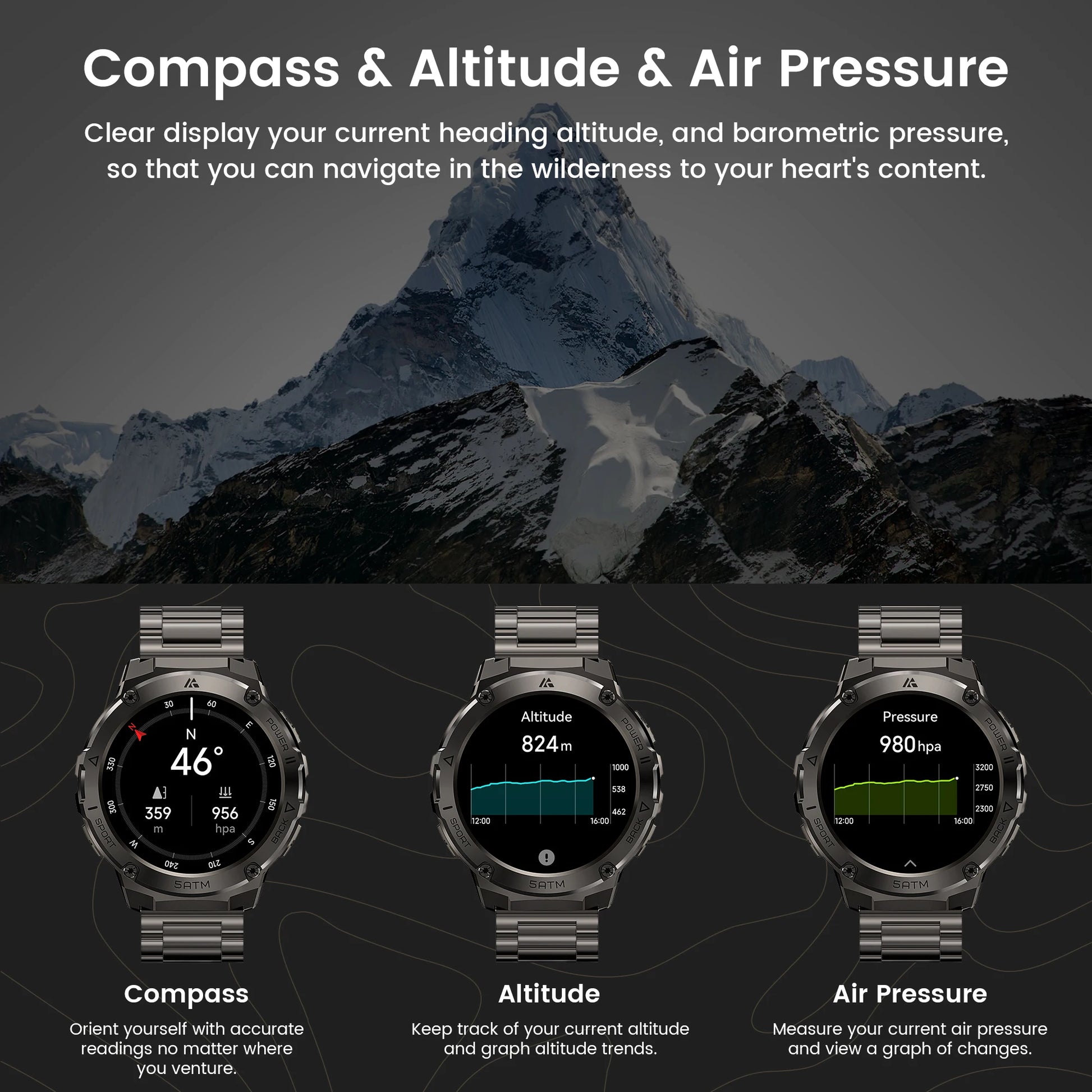 Durovia® – Altiron T3E | Men’s Outdoor GPS Smartwatch with Altimeter, Compass, Stainless Steel Case, AMOLED & IP69K Waterproofing