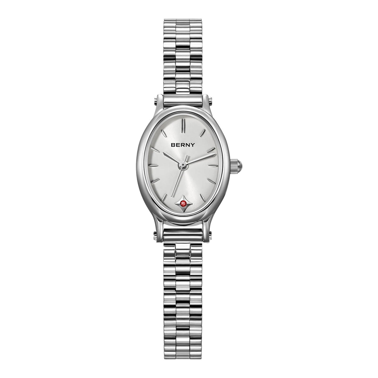 Elluryn® – Oval Minimalist Jewelry Watch Set for Women | Ruby Detail, Silver Quartz Bracelet Style, Elegant Gift Design
