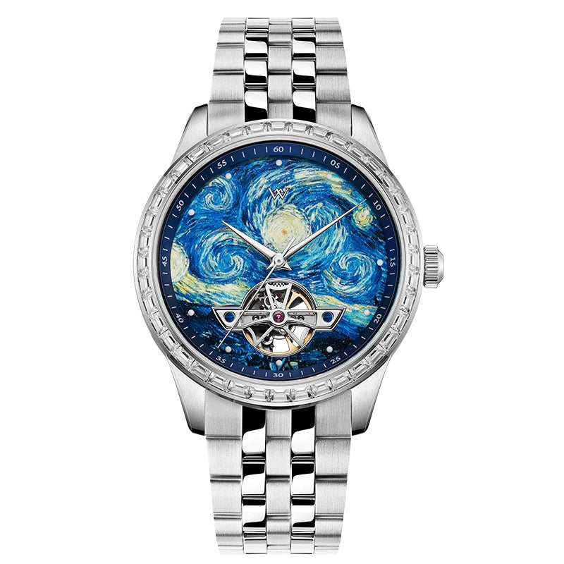 Marceaux® – NuitDétail WM146 | Artistic Skeleton Mechanical Watch with Oil-Painting Dial & Subtle Night Elegance