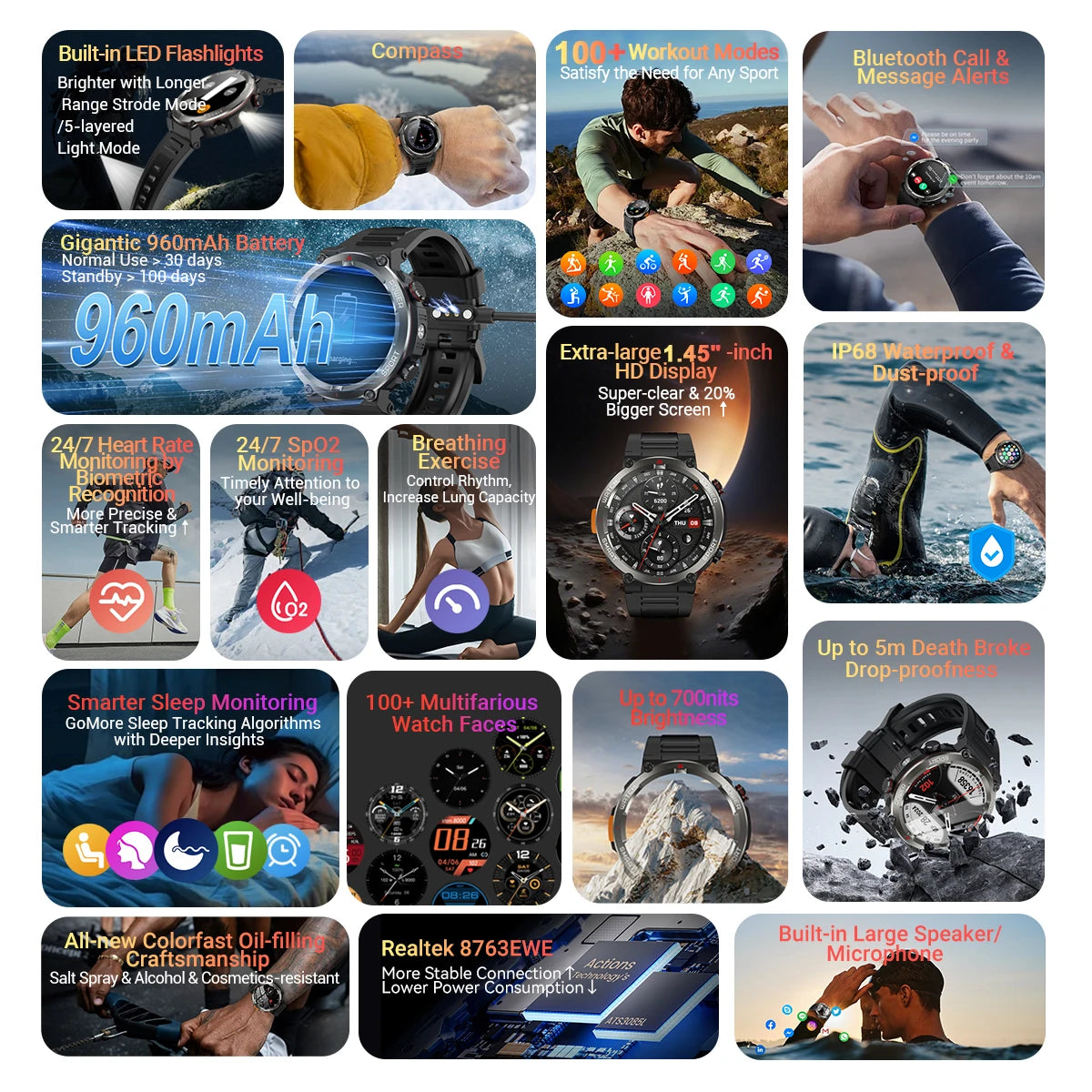Arcentra® – FlashCore W50 | Sport Smartwatch with 1.45'' HD Display, 960mAh Battery, LED Call Alerts & Health Tracking
