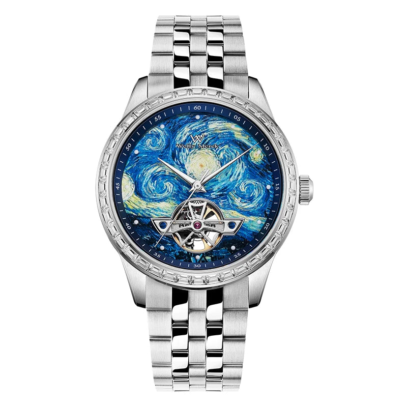 Marceaux® – NuitDétail WM146 | Artistic Skeleton Mechanical Watch with Oil-Painting Dial & Subtle Night Elegance