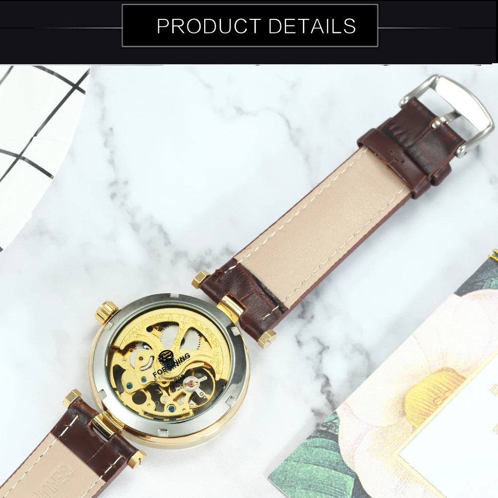 Valverra® – Luxury Skeleton Automatic Watch for Women | Gold Dial, Luminous Hands, Mechanical Movement, Leather Strap