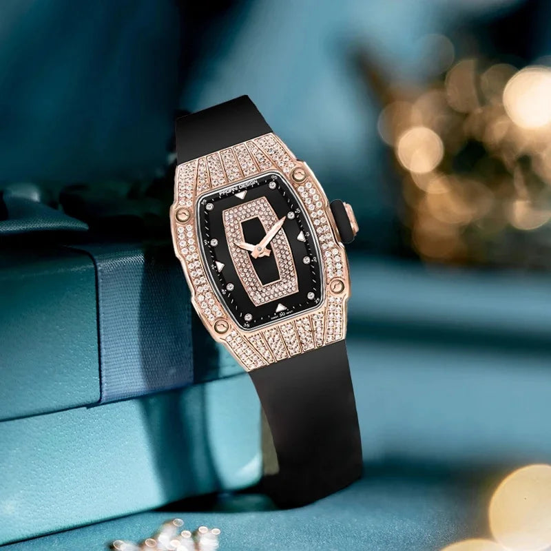 Velmira® – Glacine 26 | Swiss Ronda Tonneau Quartz Watch for Women with Diamond-Studded Bezel – Feminine & Elegant Design