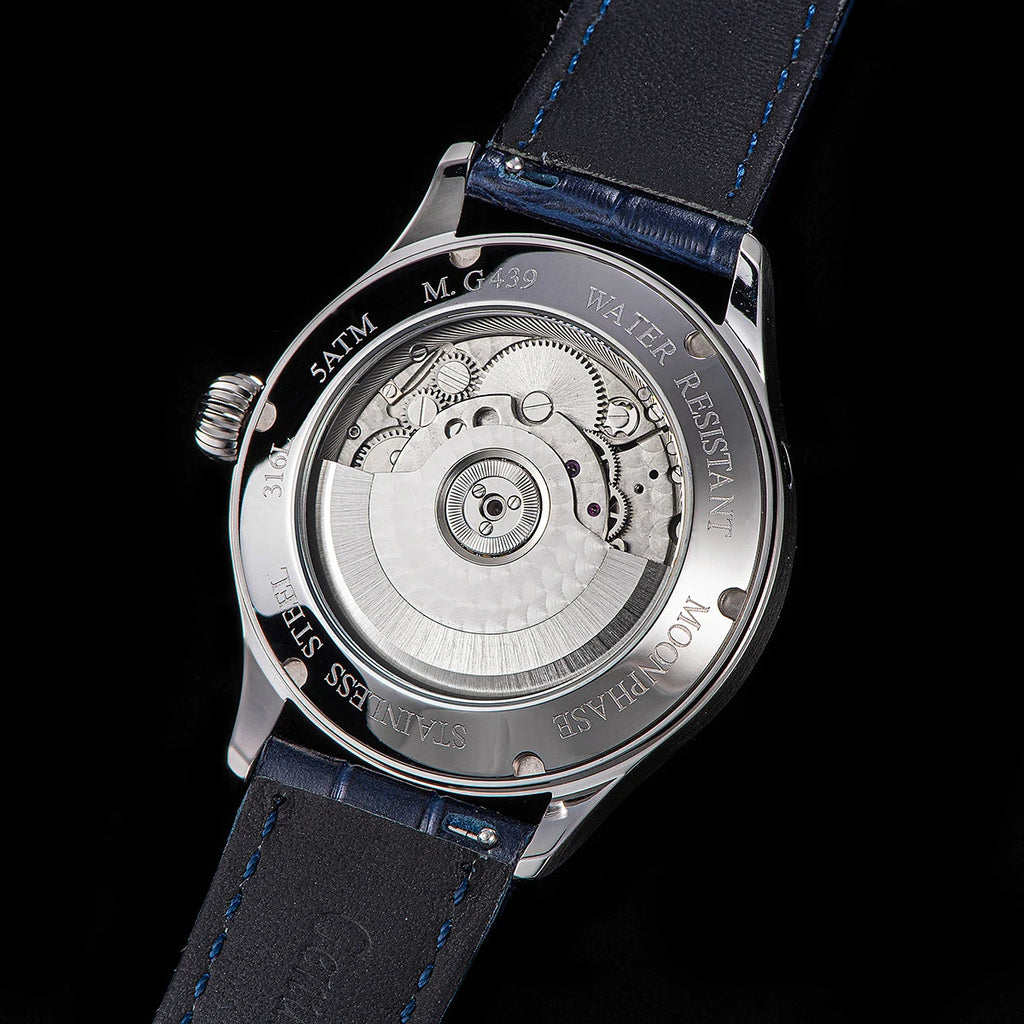 Noverra® – Lunastra 40 | Automatic Moonphase Watch with Blue Sandstone Dial & Stainless Steel Case