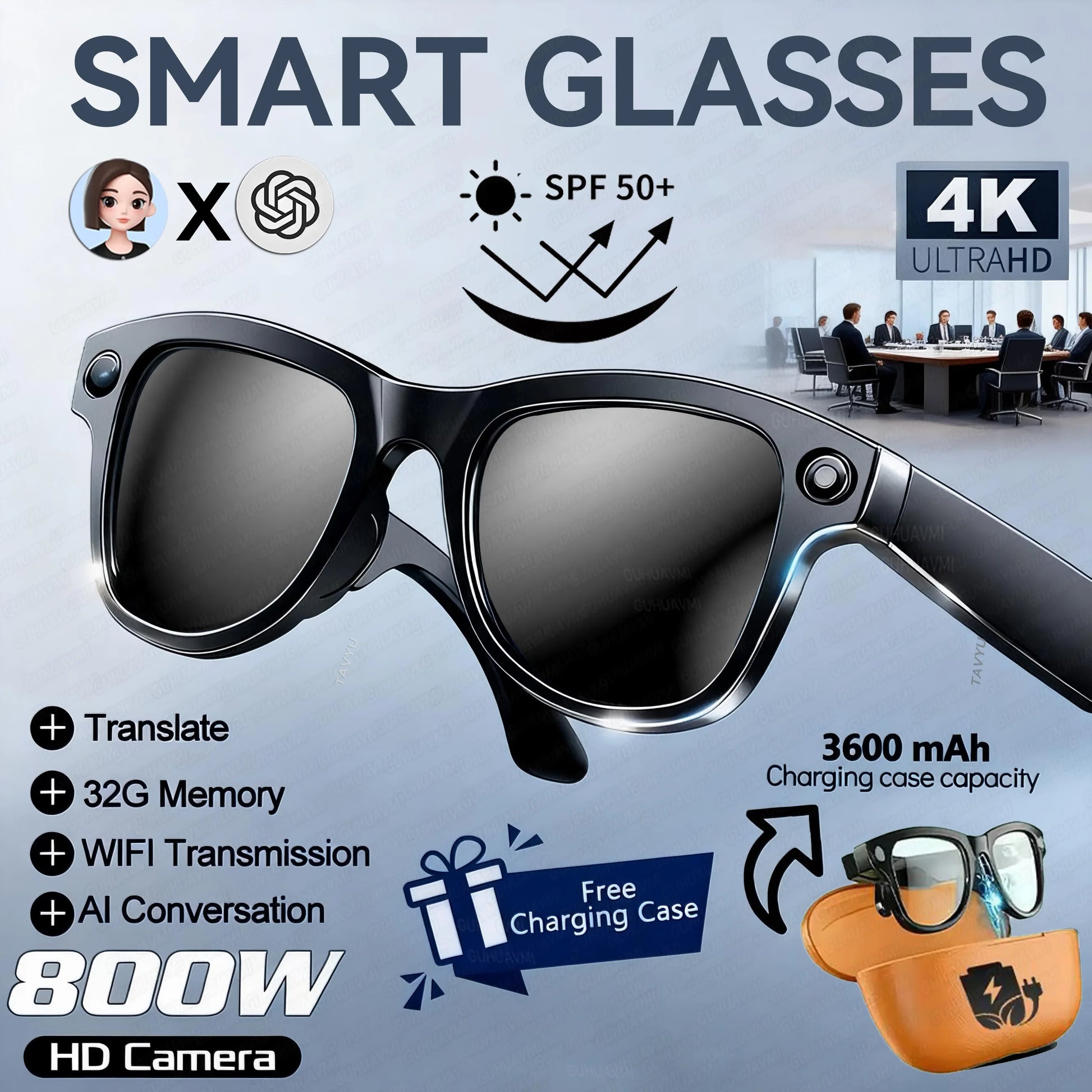 Linguavue® – AI Smart Glasses with Stabilized Camera & Voice Translation | Bluetooth Calling, Video Recording, Long Battery