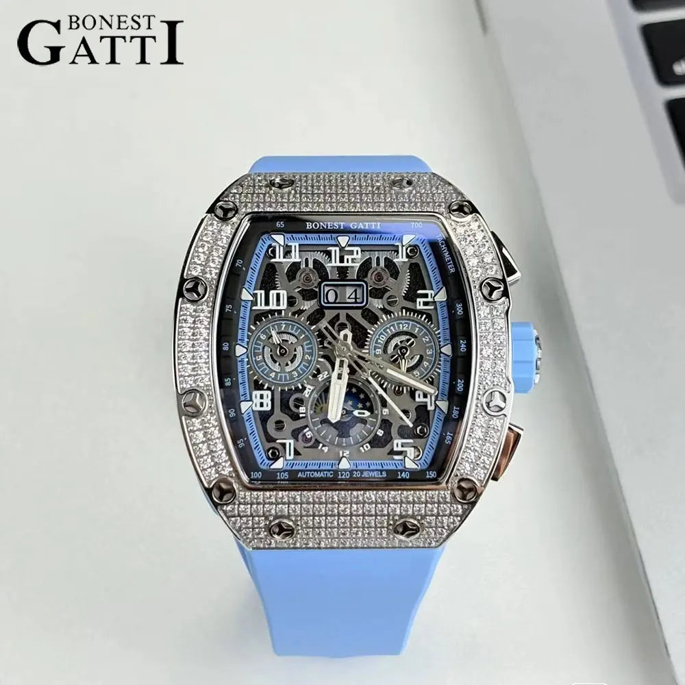 BoneCraft® 2025 – Automatic Mechanical Men’s Watch with Diamond Bezel, Rubber Strap & Sapphire Glass  Tiếng Việt: