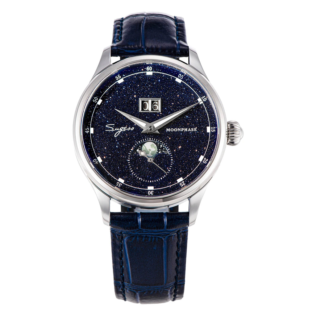 Noverra® – Lunastra 40 | Automatic Moonphase Watch with Blue Sandstone Dial & Stainless Steel Case