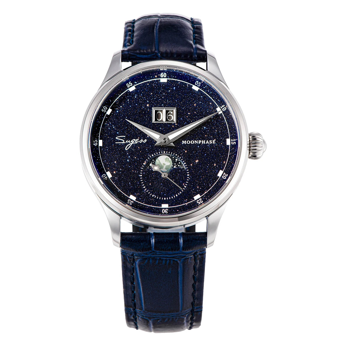 Noverra® – Lunastra 40 | Automatic Moonphase Watch with Blue Sandstone Dial & Stainless Steel Case