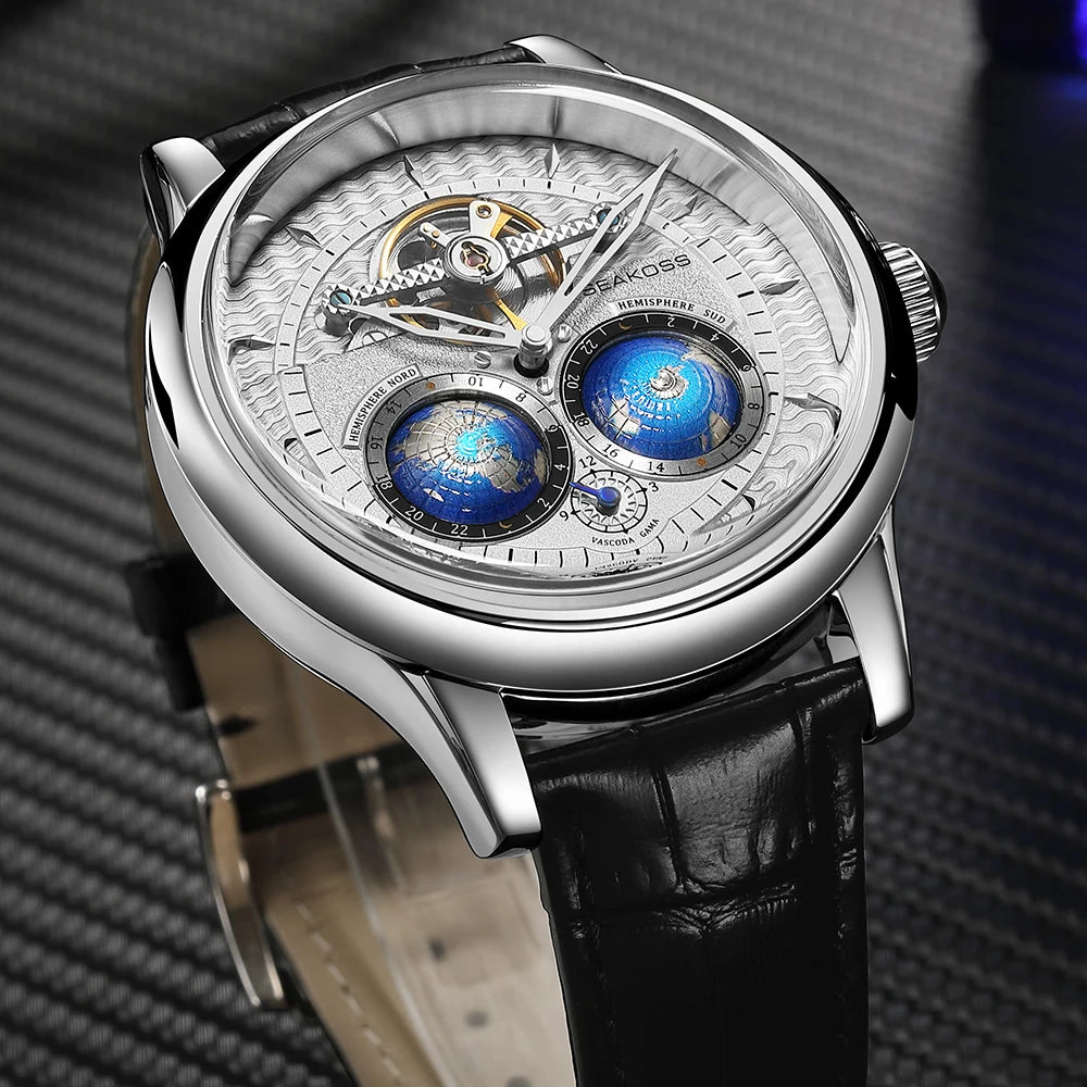 Stravion® – TerraSpin 1963 | Double Globe Mechanical Watch with Flywheel Tourbillon & Military Vintage Design