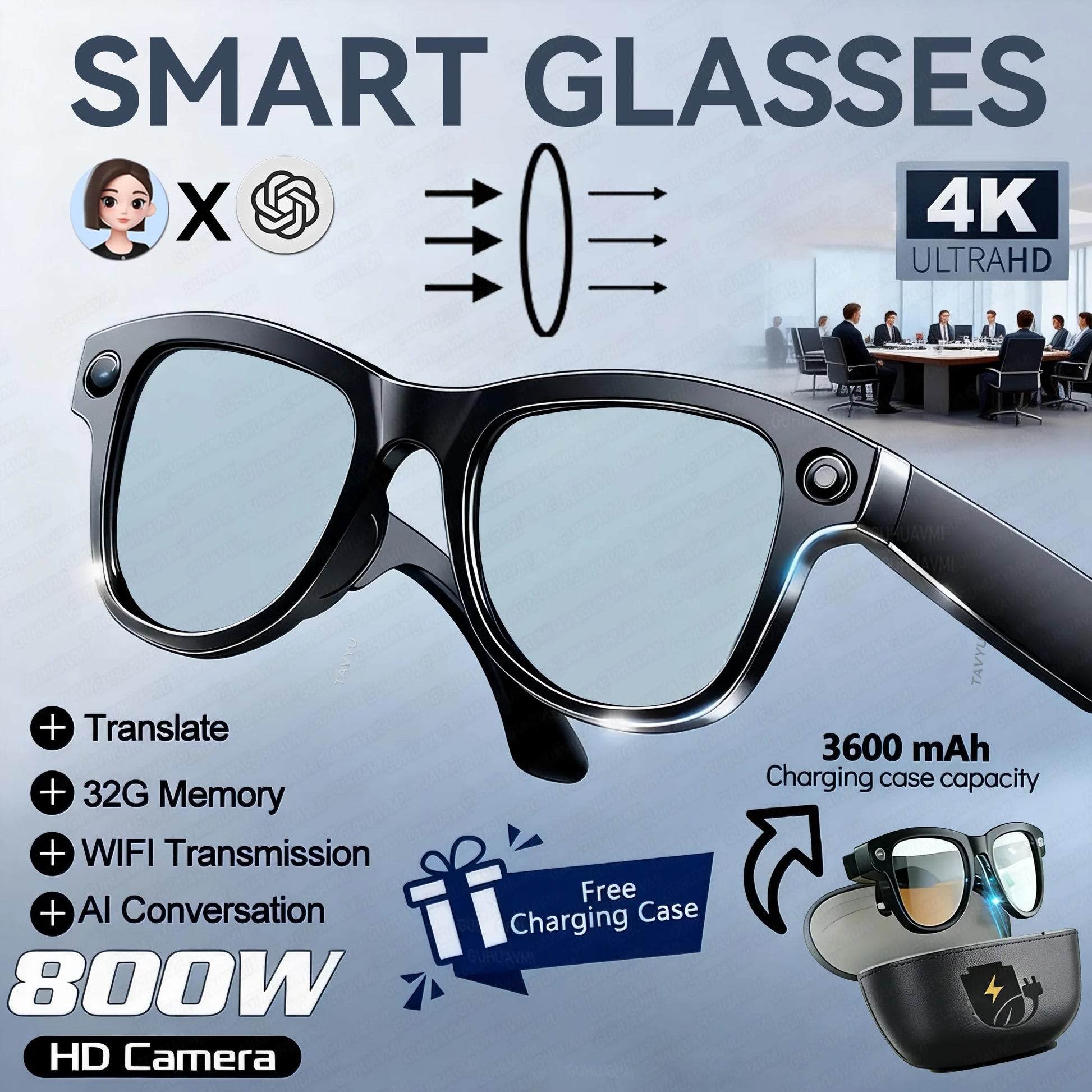 Linguavue® – AI Smart Glasses with Stabilized Camera & Voice Translation | Bluetooth Calling, Video Recording, Long Battery