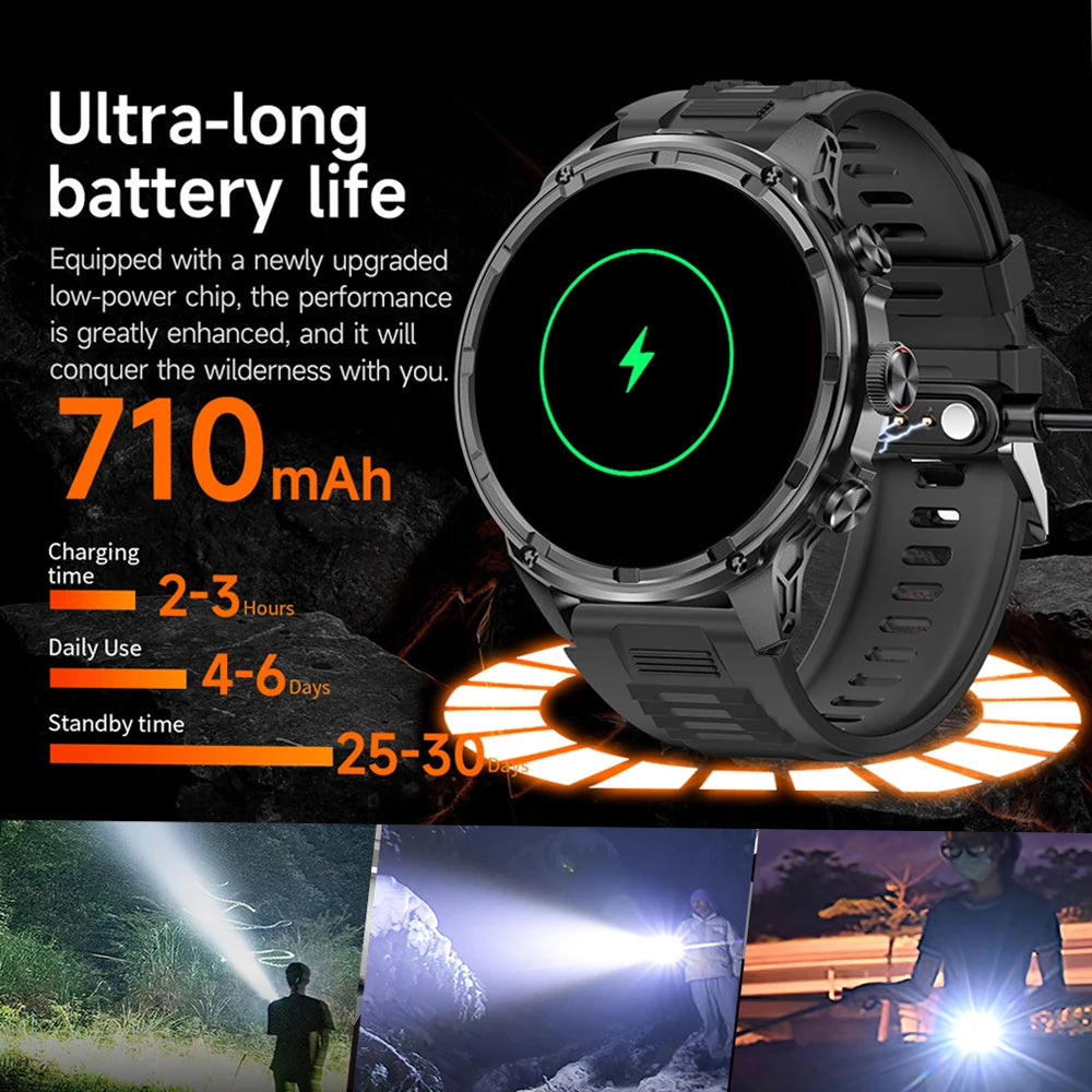 Athryos® – Outdoor Sport Smartwatch for Men | Bluetooth Call, Heart Rate, SpO₂, Waterproof, Flashlight, Android & iOS