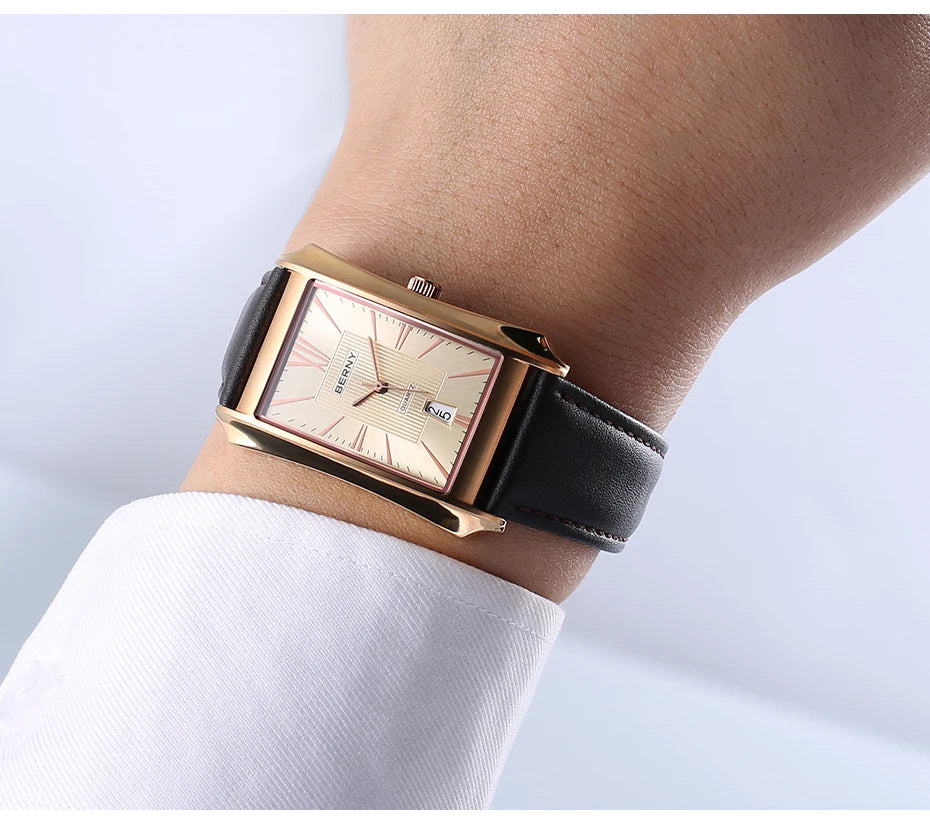 Luvrex® – Rectoné 301 | Men's Rectangle Quartz Watch with Genuine Leather Strap – 30M Waterproof Business Elegance