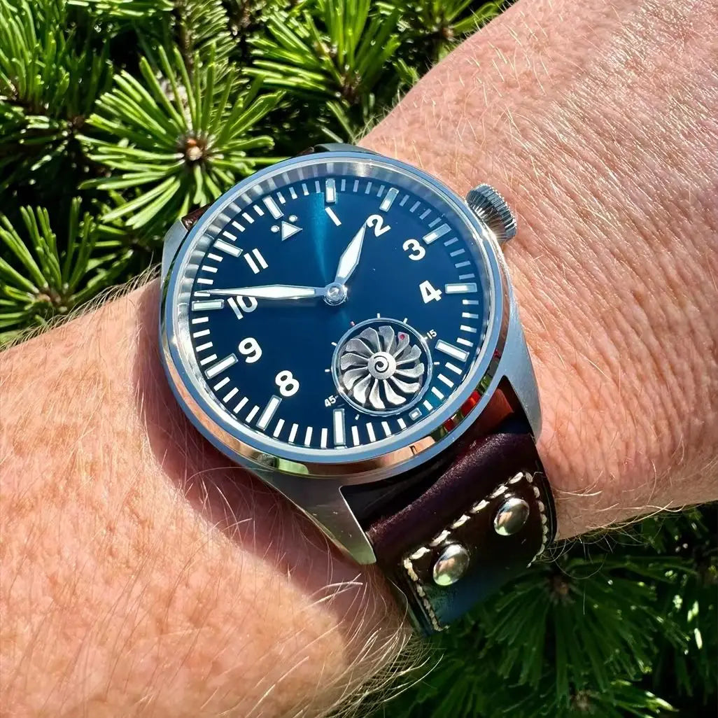 Stratosyn® – Men's Retro Pilot Watch | 43mm Manual Mechanical, Sapphire Crystal, BGW-9 Lume, Turbine Dial, 5ATM Waterproof