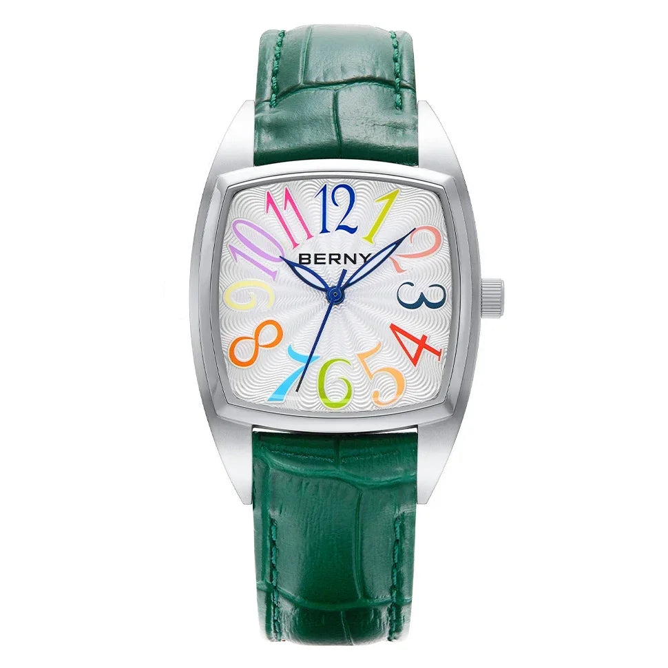 Lunivera® – Colorful Numeral Square Quartz Watch for Women | Easy Read Dial, Leather Strap, Casual Elegant Style