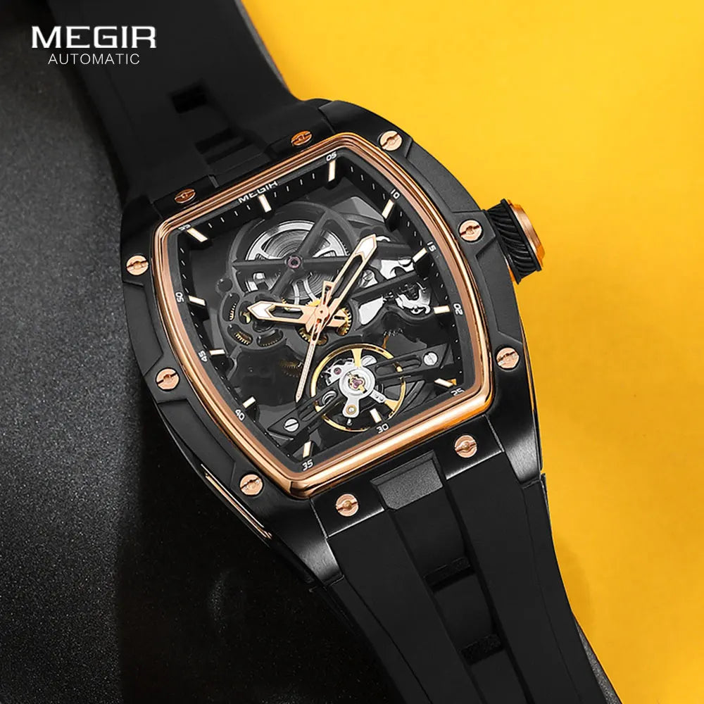 Skynovar® – Blue Skeleton Automatic Watch for Men | Stainless Steel Case, Silicone Strap, Sport Waterproof Design