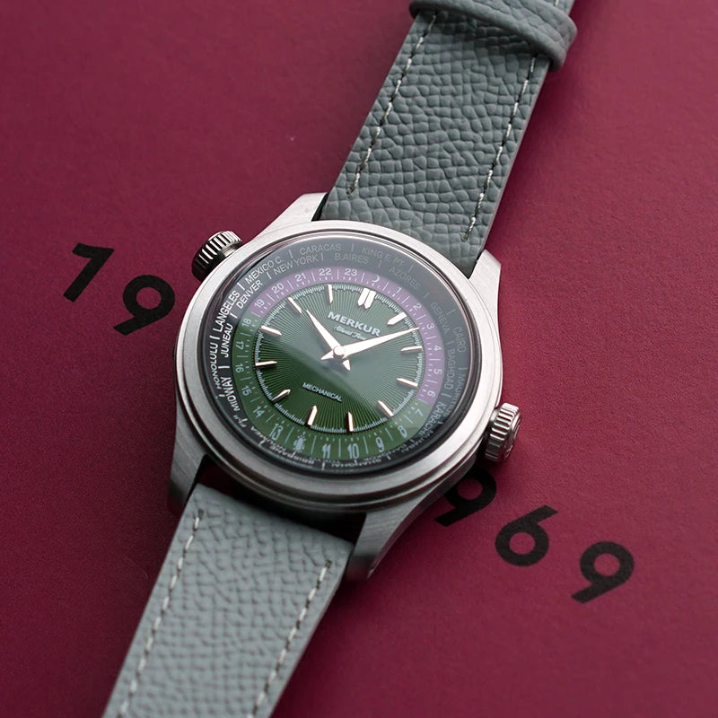 Globerin® – Retro World Time Mechanical Watch for Men | 38MM, Leather Strap, Waterproof, Classic Travel Design
