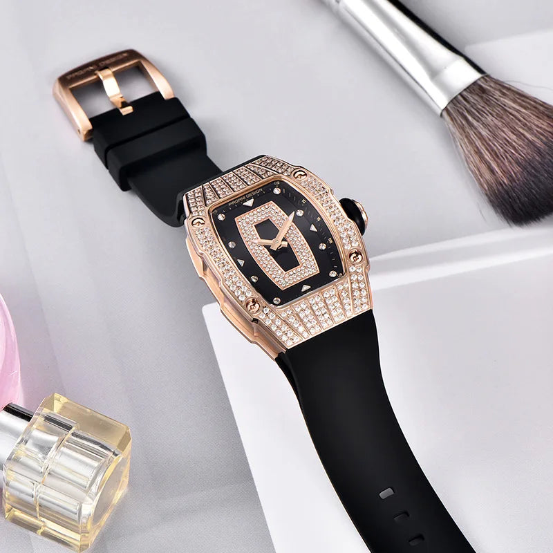 Velmira® – Glacine 26 | Swiss Ronda Tonneau Quartz Watch for Women with Diamond-Studded Bezel – Feminine & Elegant Design