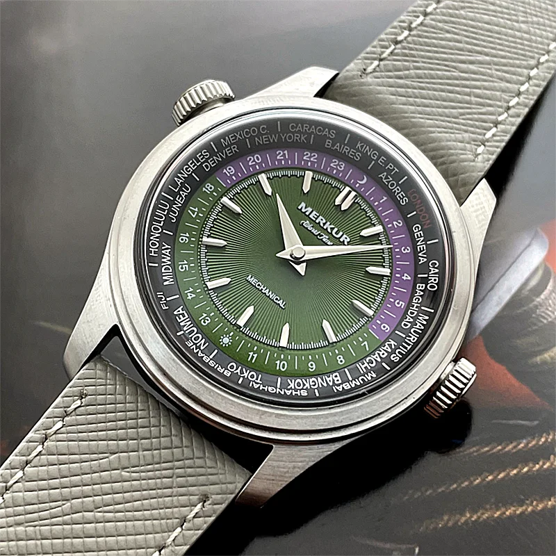 Globerin® – Retro World Time Mechanical Watch for Men | 38MM, Leather Strap, Waterproof, Classic Travel Design