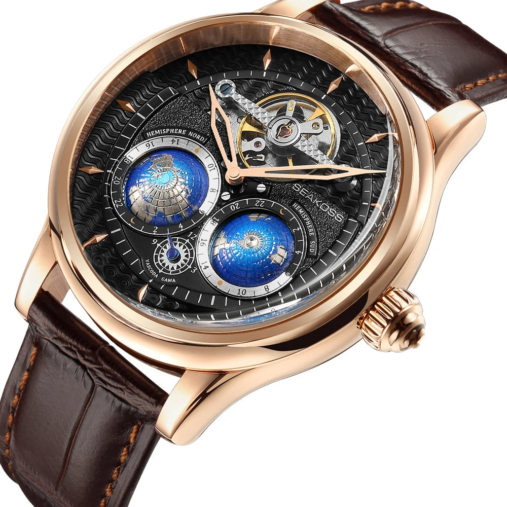 Stravion® – TerraSpin 1963 | Double Globe Mechanical Watch with Flywheel Tourbillon & Military Vintage Design
